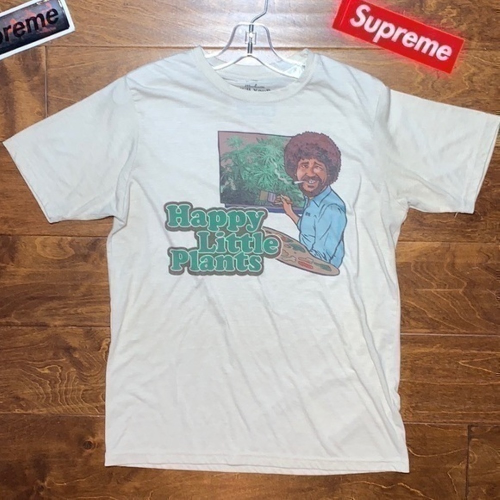 Bob Ross Happy Little Plants smoking pot stoner artist graphic tee shirt cream